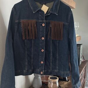 Lands' End Dark Blue Denim Jacket with Brown Fringe